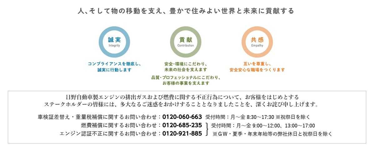 日野自動車製エンジンの排出ガスおよび燃費に関する不正行為について、お客様をはじめとするステークホルダーの皆様には、多大なるご迷惑をおかけすることとなりましたことを、深くお詫び申し上げます。